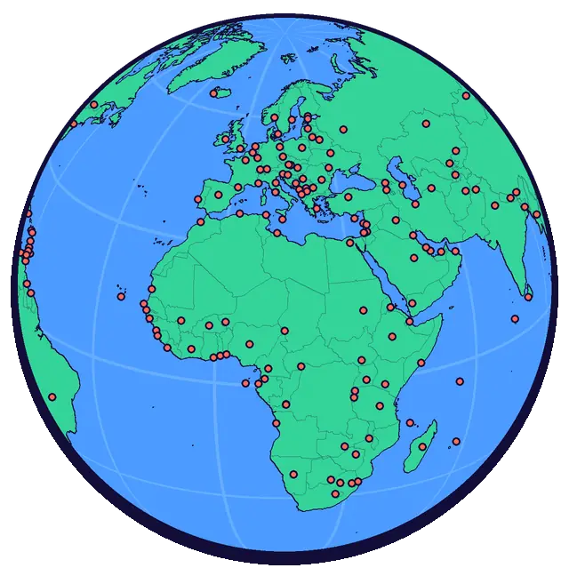 A globe with the capitals of the world marked